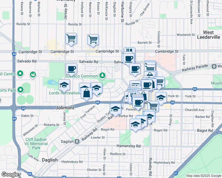 map of restaurants, bars, coffee shops, grocery stores, and more near 12 Atkinson Road in Subiaco