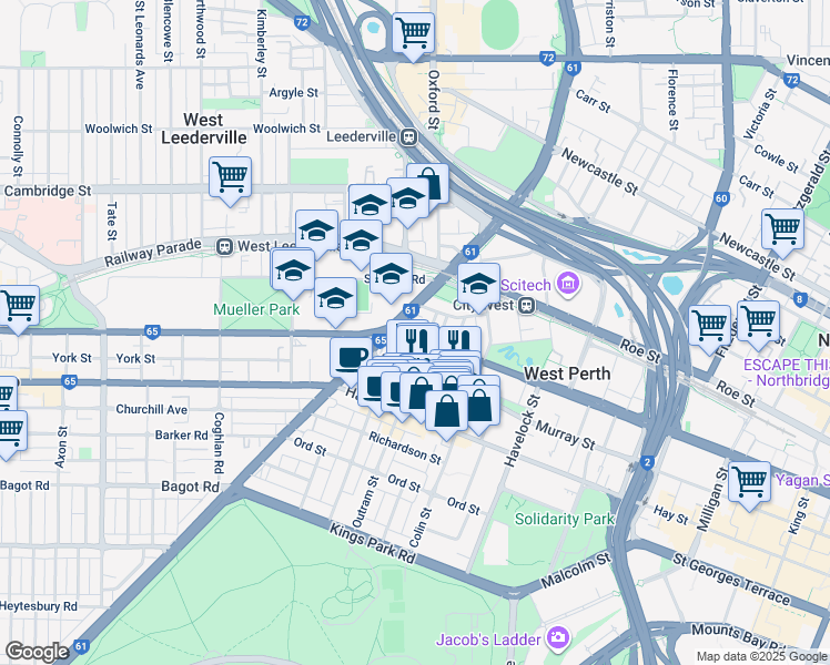 map of restaurants, bars, coffee shops, grocery stores, and more near 1020 Wellington Street in West Perth