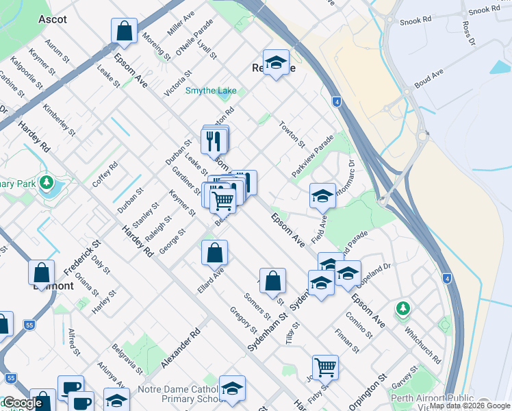 map of restaurants, bars, coffee shops, grocery stores, and more near 182 Epsom Avenue in Belmont