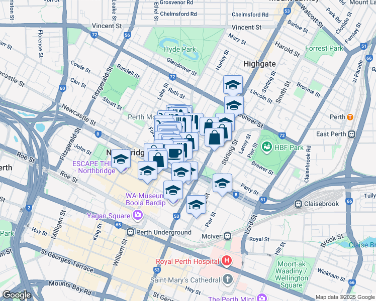 map of restaurants, bars, coffee shops, grocery stores, and more near 34 Money Street in Perth