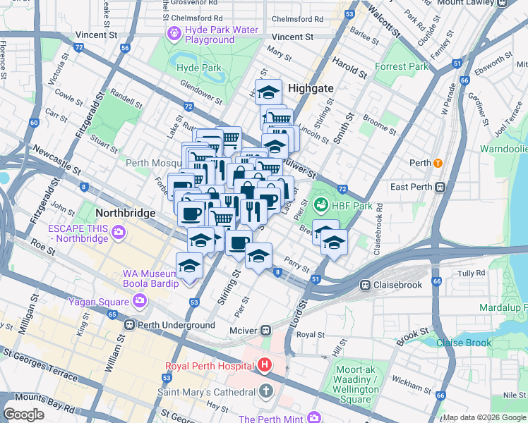 map of restaurants, bars, coffee shops, grocery stores, and more near 215 Stirling Street in Perth