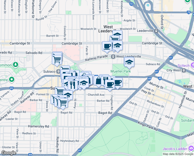 map of restaurants, bars, coffee shops, grocery stores, and more near 237 Roberts Road in Subiaco
