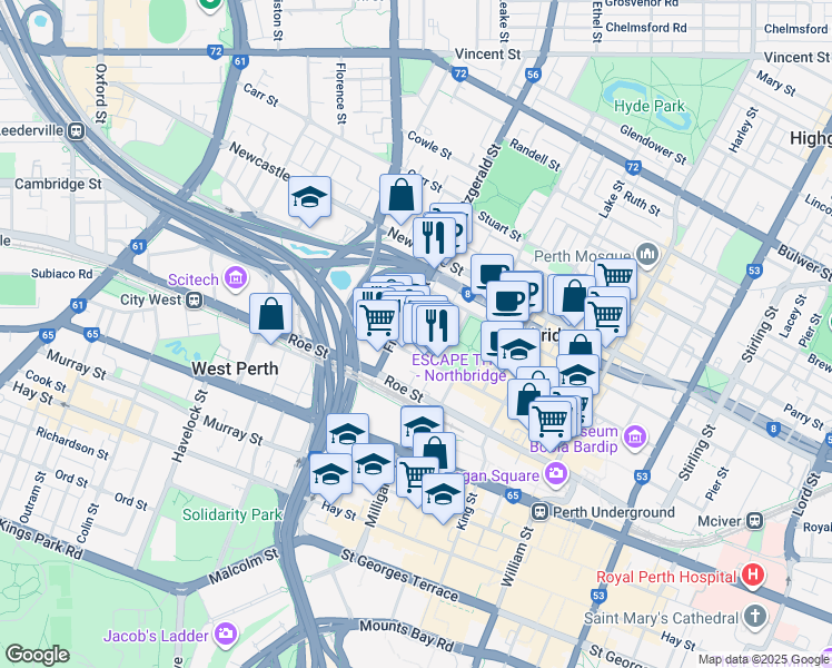 map of restaurants, bars, coffee shops, grocery stores, and more near 19 Little Shenton Lane in Northbridge