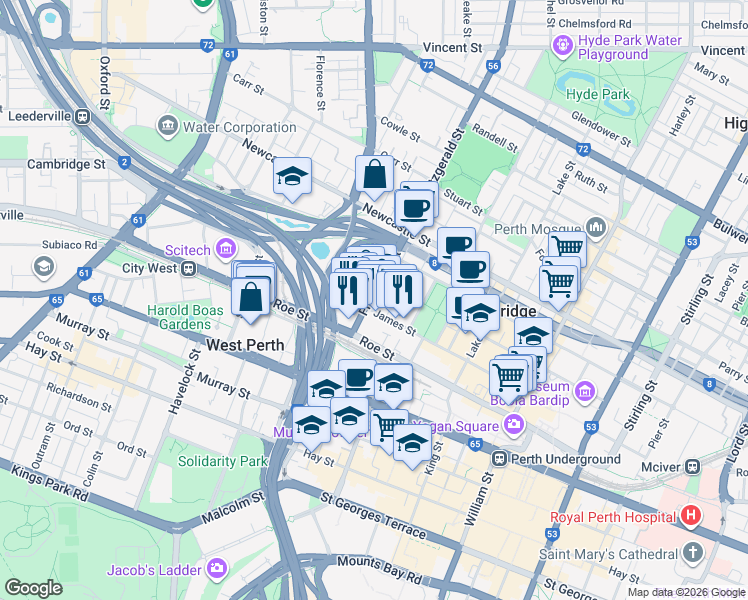 map of restaurants, bars, coffee shops, grocery stores, and more near 50 Fitzgerald Street in Northbridge