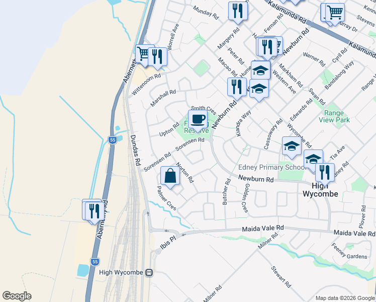 map of restaurants, bars, coffee shops, grocery stores, and more near 48 Swallow Loop in High Wycombe