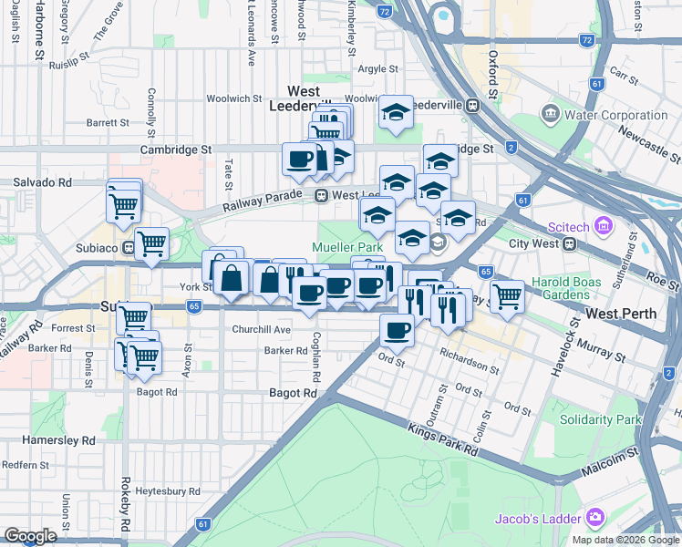 map of restaurants, bars, coffee shops, grocery stores, and more near 137 Roberts Road in Subiaco