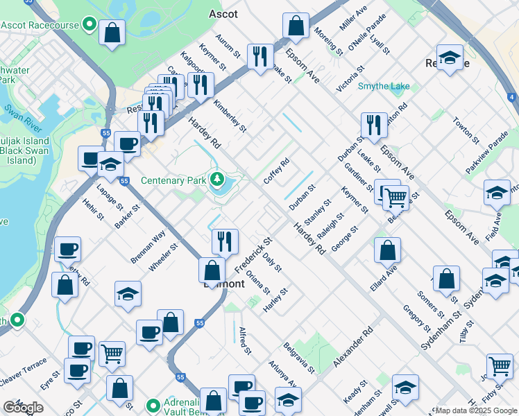 map of restaurants, bars, coffee shops, grocery stores, and more near 175 Daly Street in Belmont