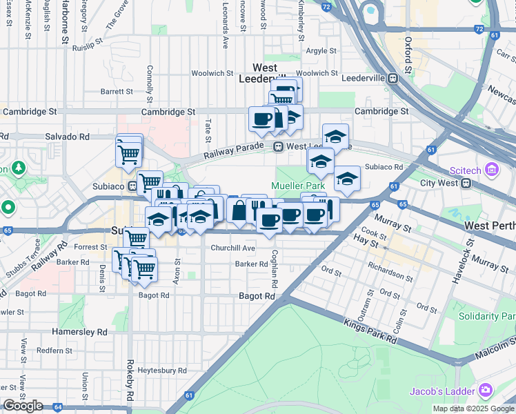 map of restaurants, bars, coffee shops, grocery stores, and more near 197 Roberts Road in Subiaco
