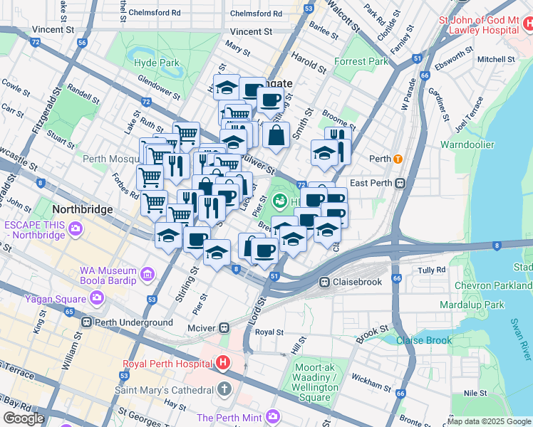 map of restaurants, bars, coffee shops, grocery stores, and more near 310 Pier Street in Perth