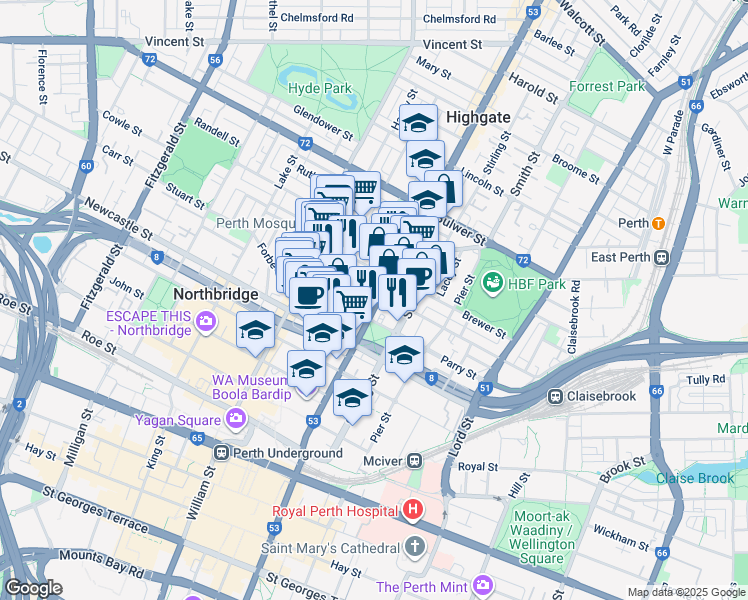 map of restaurants, bars, coffee shops, grocery stores, and more near 221 Beaufort Street in Perth
