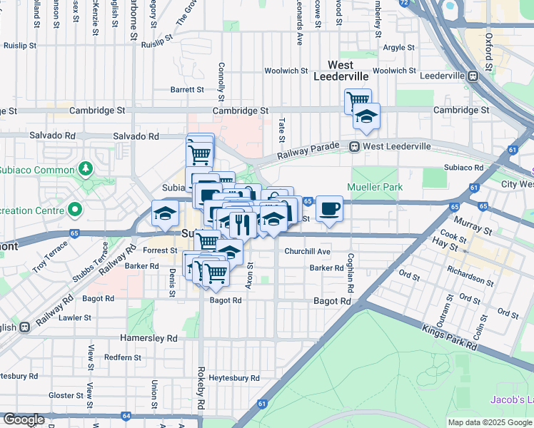 map of restaurants, bars, coffee shops, grocery stores, and more near 218 York Street in Subiaco