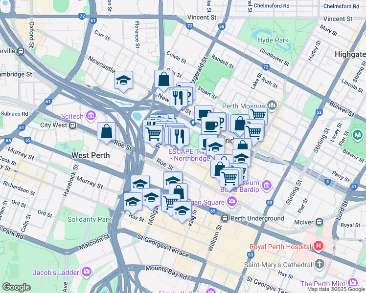 map of restaurants, bars, coffee shops, grocery stores, and more near 11 Shenton Street in Northbridge