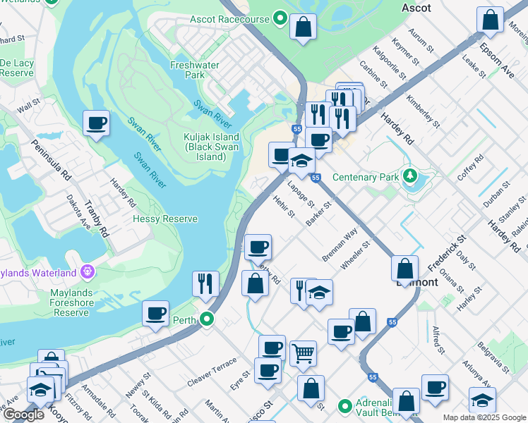 map of restaurants, bars, coffee shops, grocery stores, and more near 195 Great Eastern Highway in Belmont