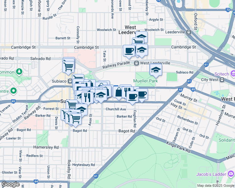map of restaurants, bars, coffee shops, grocery stores, and more near 150 York Street in Subiaco