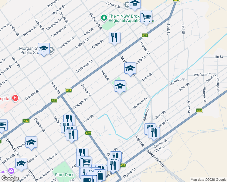 map of restaurants, bars, coffee shops, grocery stores, and more near 189 Brazil Street in Broken Hill