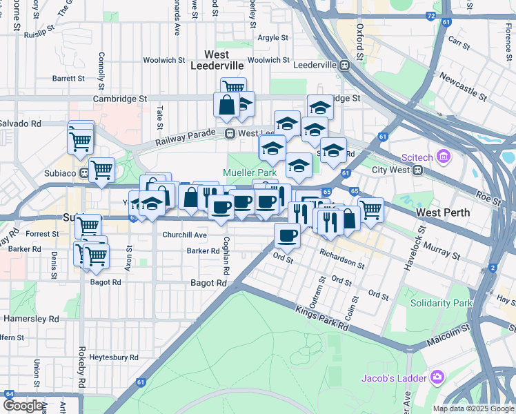 map of restaurants, bars, coffee shops, grocery stores, and more near 25 York Street in Subiaco