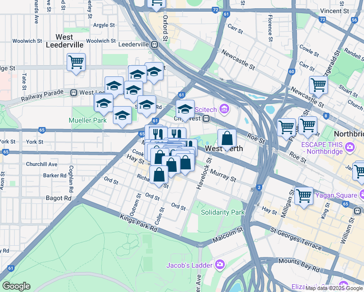 map of restaurants, bars, coffee shops, grocery stores, and more near 105 Colin Street in West Perth