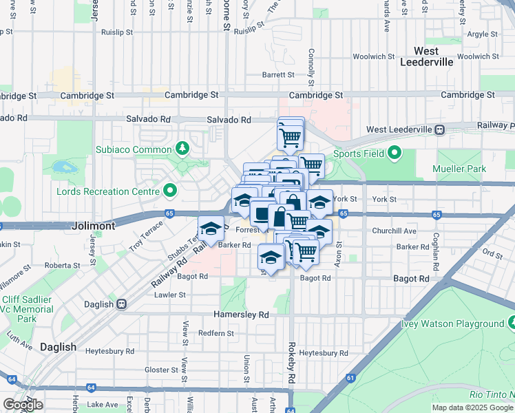 map of restaurants, bars, coffee shops, grocery stores, and more near 502 Hay Street in Subiaco