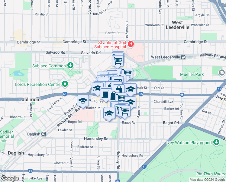 map of restaurants, bars, coffee shops, grocery stores, and more near 480 Hay Street in Subiaco