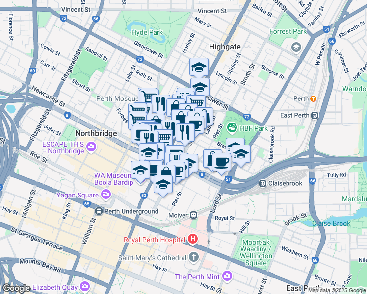 map of restaurants, bars, coffee shops, grocery stores, and more near 177 Stirling Street in Perth
