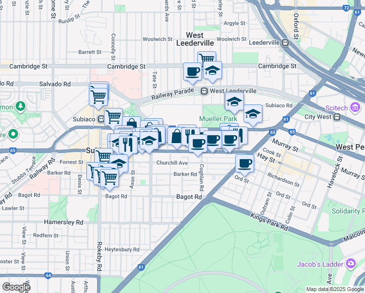 map of restaurants, bars, coffee shops, grocery stores, and more near 222 Hay Street in Subiaco