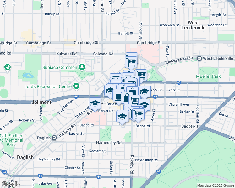 map of restaurants, bars, coffee shops, grocery stores, and more near 502 Hay Street in Subiaco