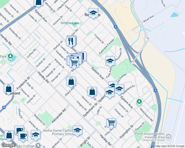 map of restaurants, bars, coffee shops, grocery stores, and more near 183 Leake Street in Belmont