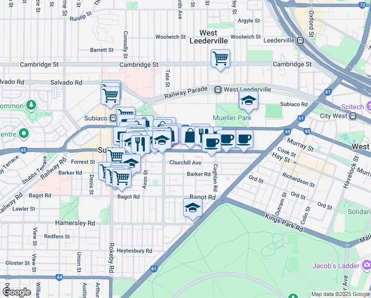 map of restaurants, bars, coffee shops, grocery stores, and more near 248 Hay Street in Subiaco