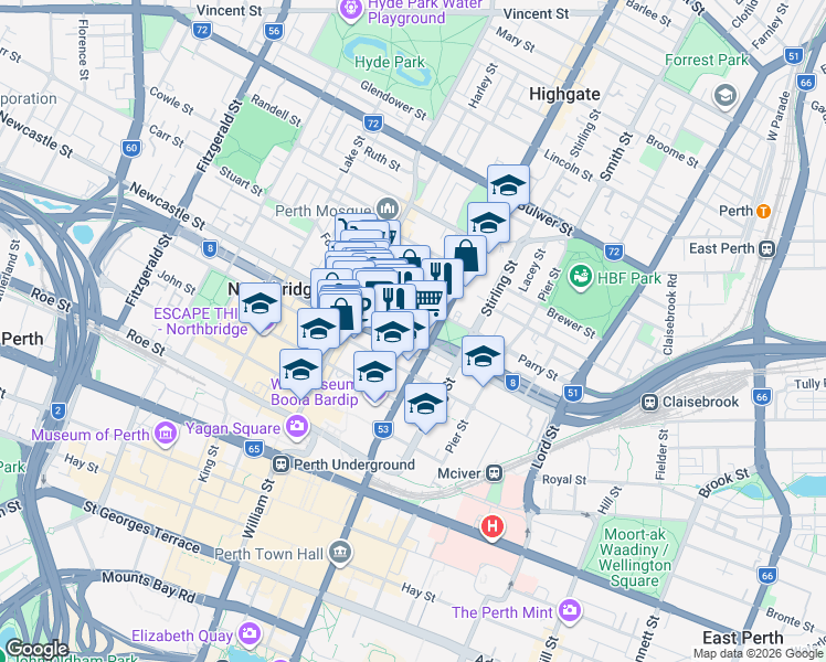 map of restaurants, bars, coffee shops, grocery stores, and more near 154 Newcastle Street in Perth