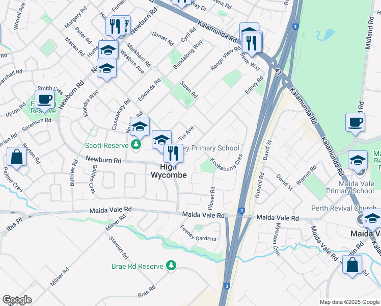 map of restaurants, bars, coffee shops, grocery stores, and more near 99 Edney Road in High Wycombe