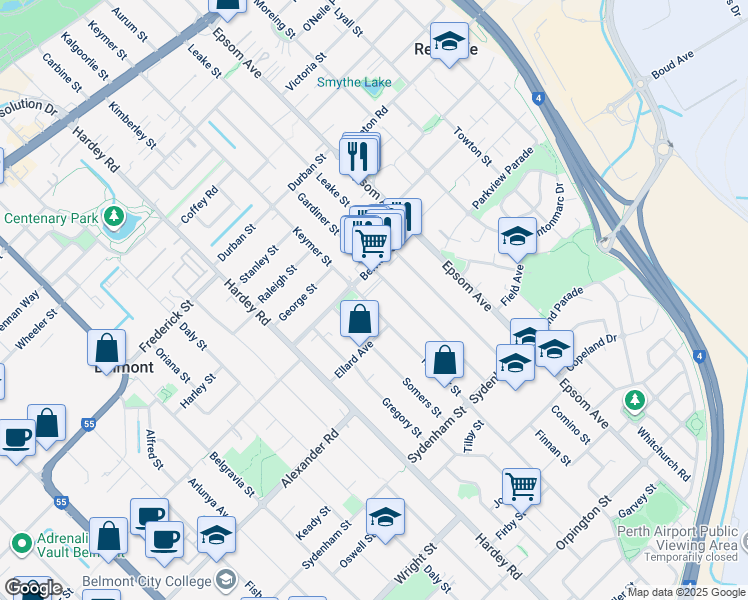 map of restaurants, bars, coffee shops, grocery stores, and more near 161 Keymer Street in Belmont