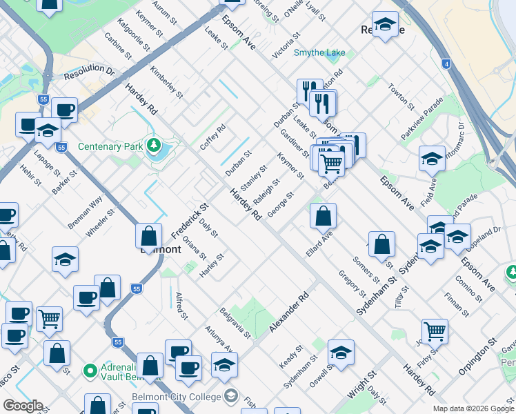 map of restaurants, bars, coffee shops, grocery stores, and more near 2 Raleigh Street in Belmont