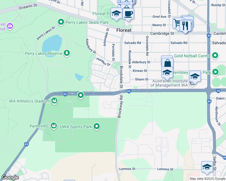 map of restaurants, bars, coffee shops, grocery stores, and more near 2 Dynevor Rise in Floreat