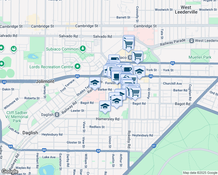 map of restaurants, bars, coffee shops, grocery stores, and more near 370 Barker Road in Subiaco