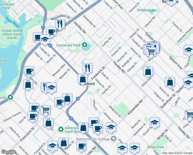 map of restaurants, bars, coffee shops, grocery stores, and more near 3 Oriana Street in Belmont