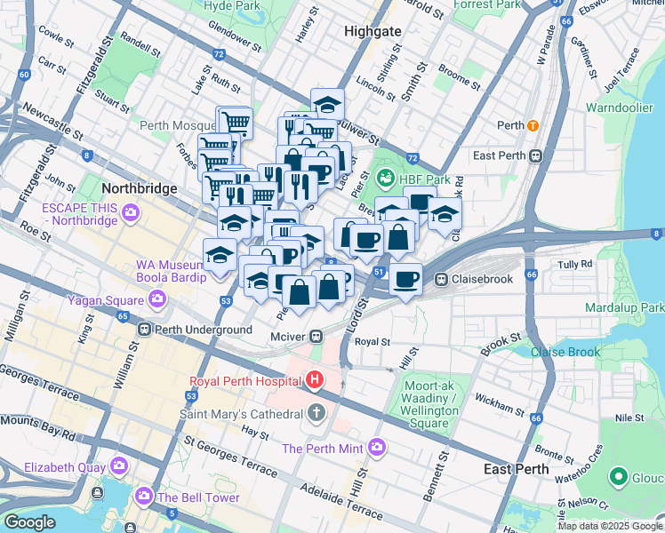 map of restaurants, bars, coffee shops, grocery stores, and more near 2 Pisconeri Street in Perth