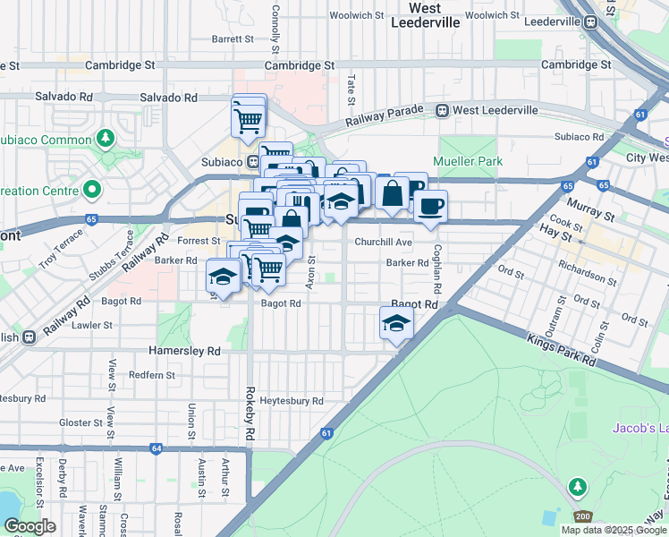 map of restaurants, bars, coffee shops, grocery stores, and more near 197 Barker Road in Subiaco