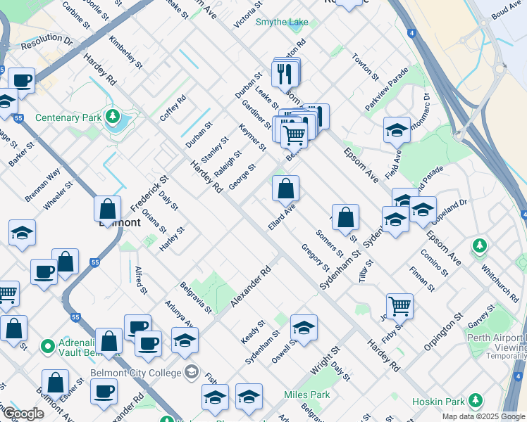 map of restaurants, bars, coffee shops, grocery stores, and more near 12 Gregory Street in Belmont
