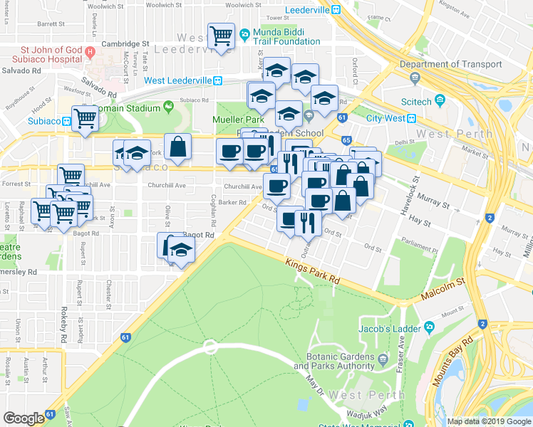 map of restaurants, bars, coffee shops, grocery stores, and more near 53 Ord Street in West Perth