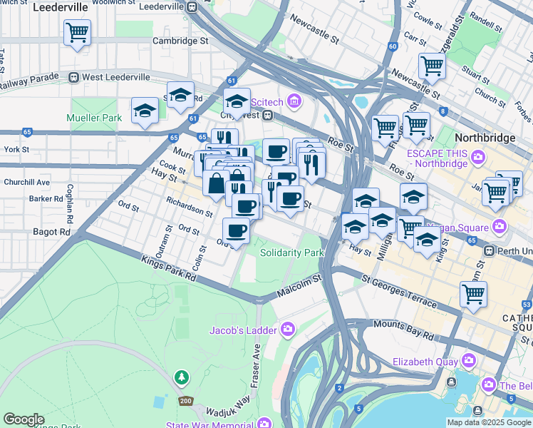 map of restaurants, bars, coffee shops, grocery stores, and more near  in 