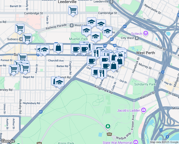 map of restaurants, bars, coffee shops, grocery stores, and more near 53 Ord Street in West Perth