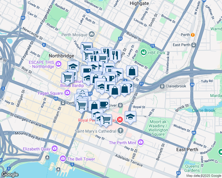 map of restaurants, bars, coffee shops, grocery stores, and more near 239 Pier Street in Perth