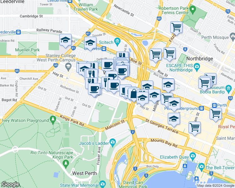 map of restaurants, bars, coffee shops, grocery stores, and more near 1100 Hay Street in West Perth