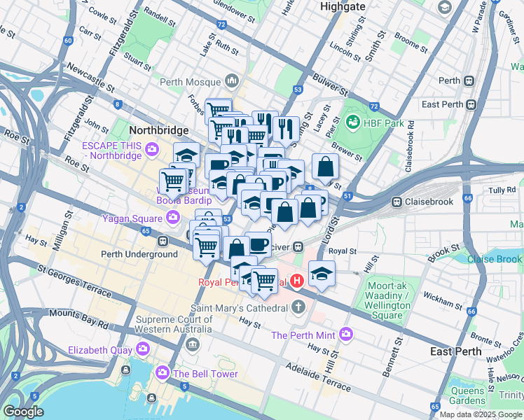 map of restaurants, bars, coffee shops, grocery stores, and more near 80 Stirling Street in Perth