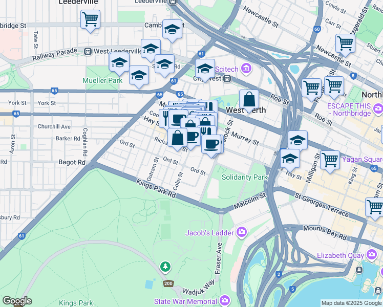 map of restaurants, bars, coffee shops, grocery stores, and more near 42 Colin Street in West Perth