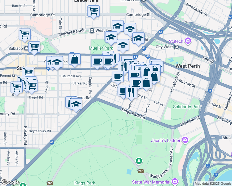 map of restaurants, bars, coffee shops, grocery stores, and more near 17 Walker Avenue in West Perth