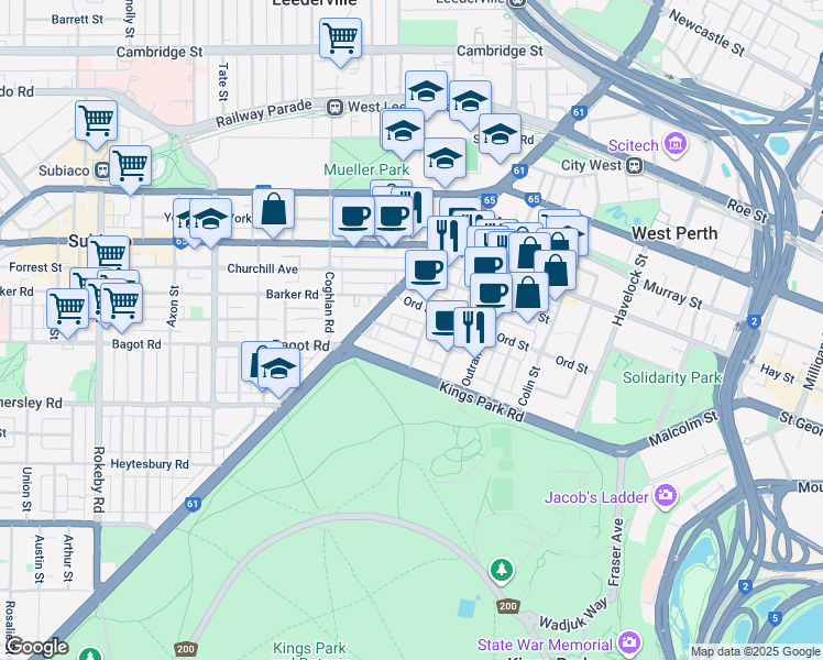 map of restaurants, bars, coffee shops, grocery stores, and more near 4 Rheola Street in West Perth