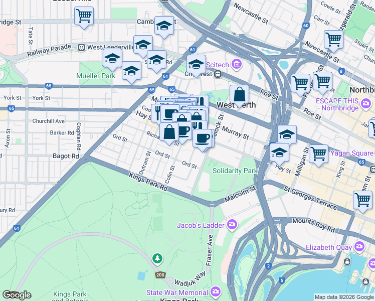 map of restaurants, bars, coffee shops, grocery stores, and more near 46 Colin Street in West Perth