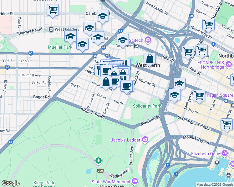 map of restaurants, bars, coffee shops, grocery stores, and more near 42 Colin Street in West Perth