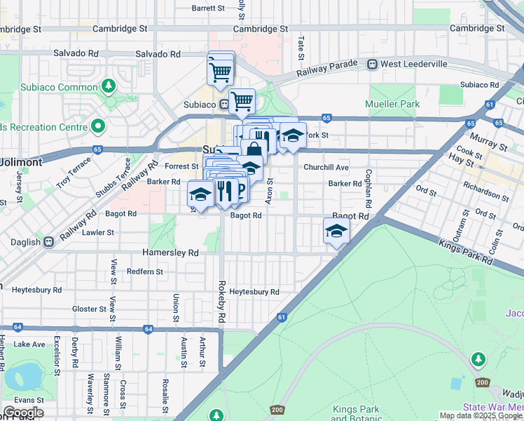 map of restaurants, bars, coffee shops, grocery stores, and more near 172 Bagot Road in Subiaco